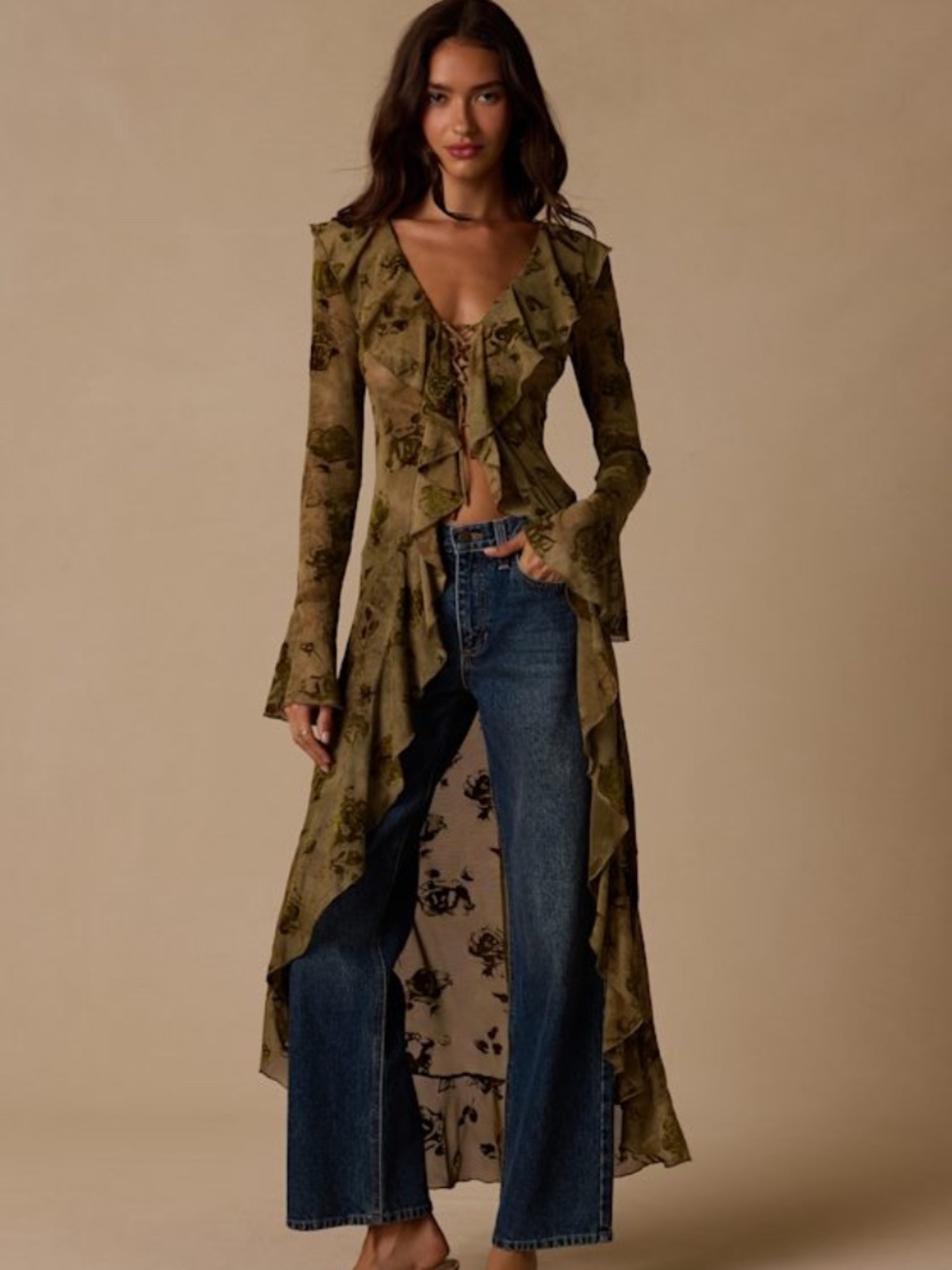Lulus Winifred Olive Sheer Mesh Jacquard Lace-up Duster Top Green - Size L